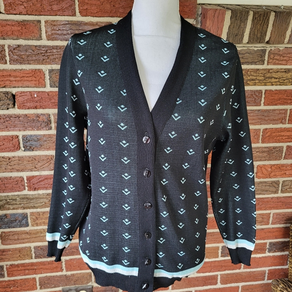 Vintage Devonette V-Neck Geometric Double Knit Cardigan Size Large